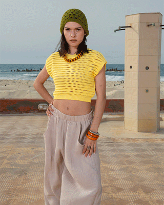 Pastel Yellow Crochet Cropped Top Half Sleeve Tops IN YOUR SHOE S