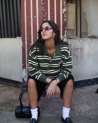 Petrol & Yellow Striped Cropped Rugby Polo Polo T-Shirts IN YOUR SHOE S