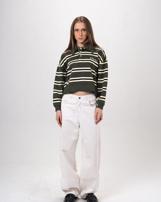 Petrol & Yellow Striped Cropped Rugby Polo Polo T-Shirts IN YOUR SHOE M