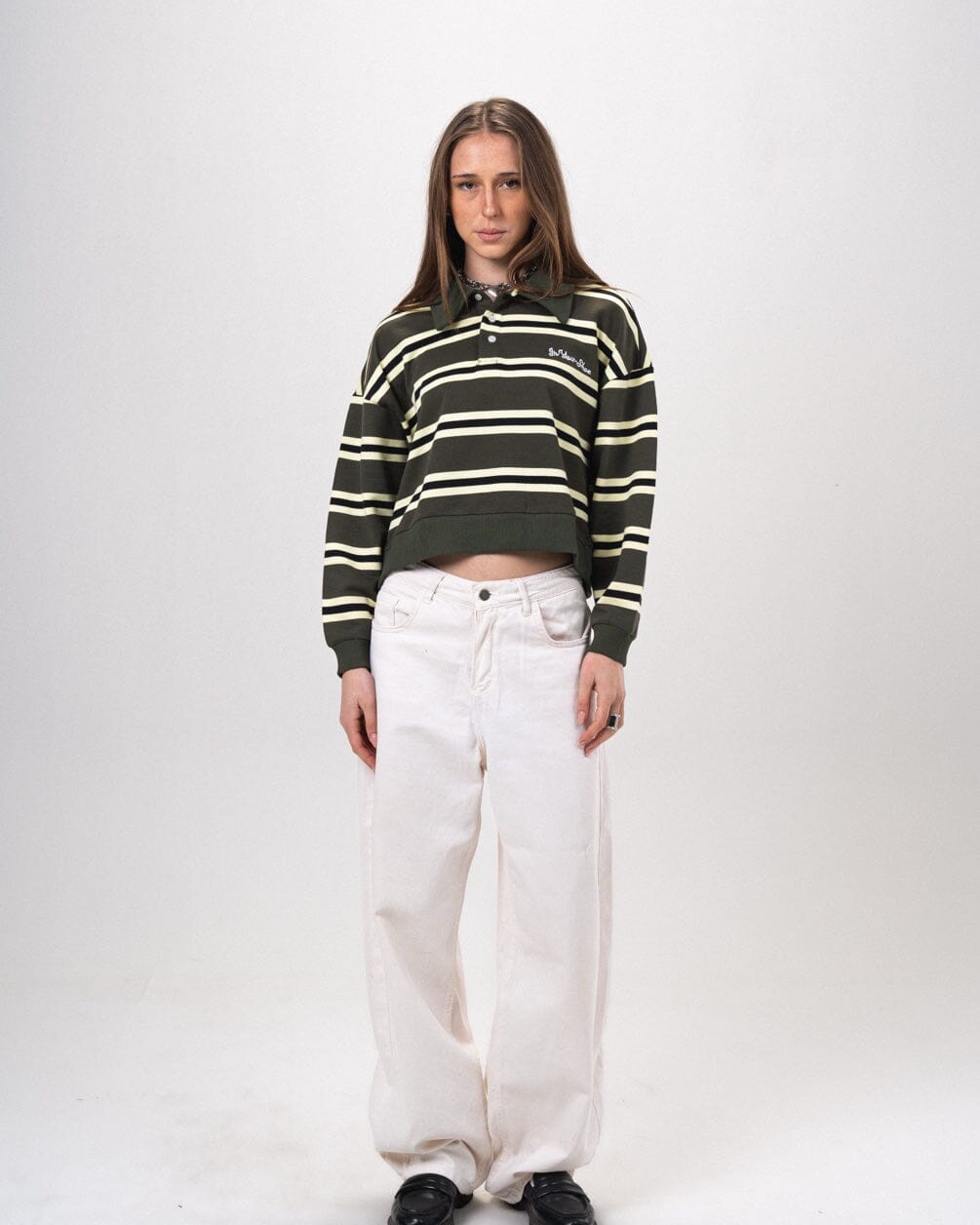 Petrol & Yellow Striped Cropped Rugby Polo Polo T-Shirts IN YOUR SHOE M