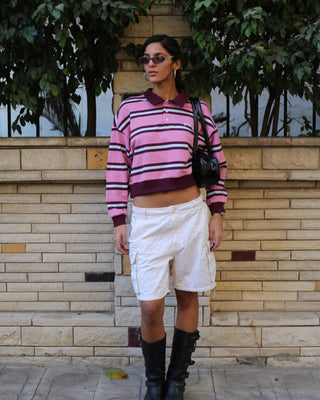 Pink Multicolor Striped Cropped Rugby Polo Polo T-Shirts IN YOUR SHOE M