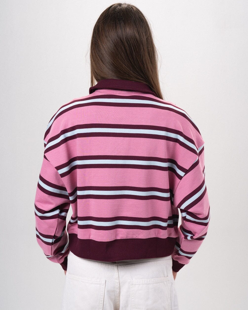 Pink Multicolor Striped Cropped Rugby Polo Polo T-Shirts IN YOUR SHOE M
