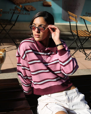 Pink Multicolor Striped Cropped Rugby Polo Polo T-Shirts IN YOUR SHOE L