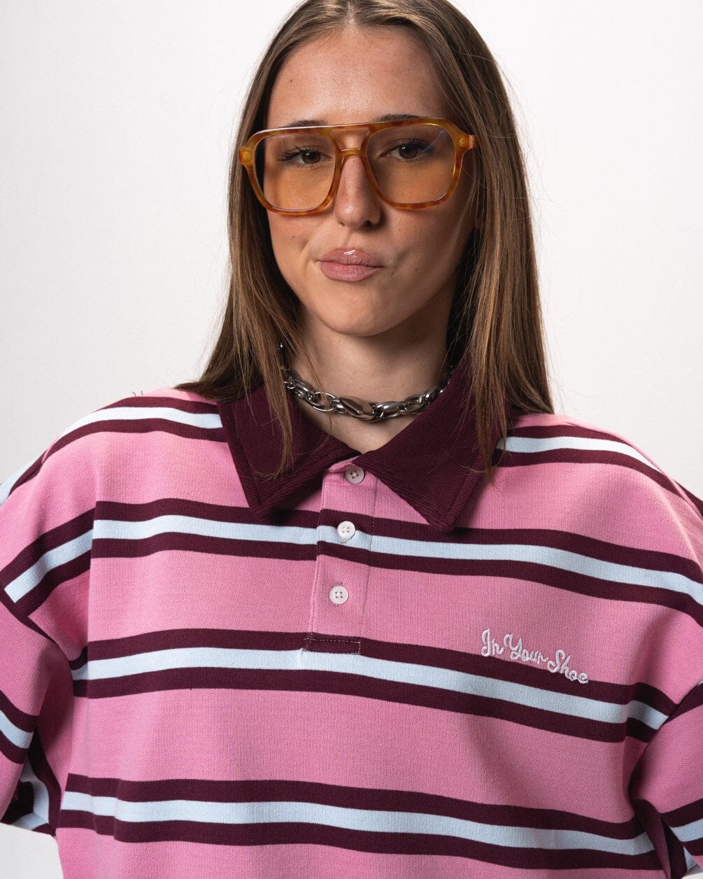 Pink Multicolor Striped Cropped Rugby Polo Polo T-Shirts IN YOUR SHOE