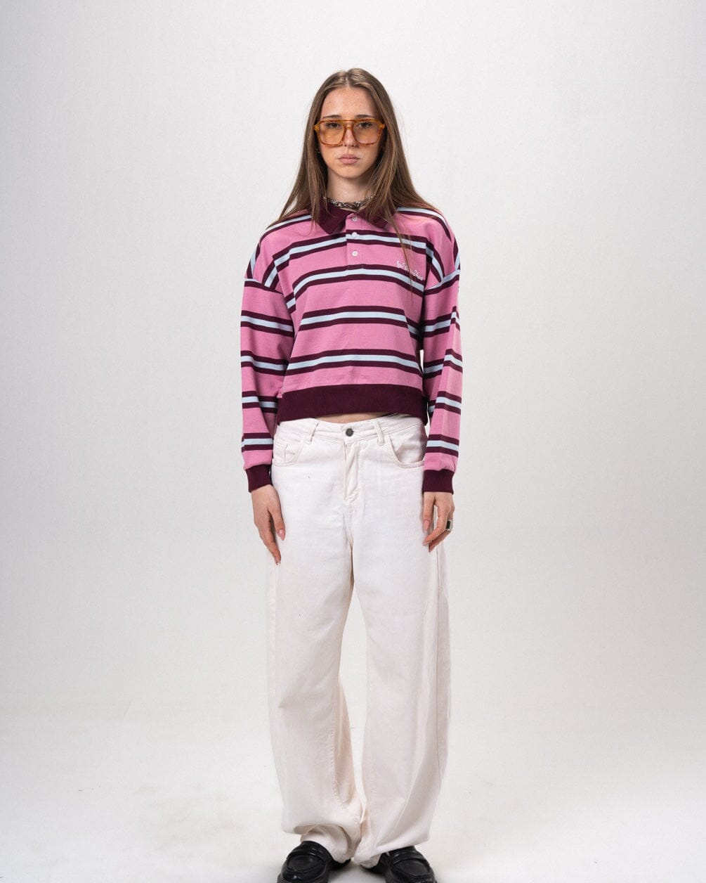 Pink Multicolor Striped Cropped Rugby Polo Polo T-Shirts IN YOUR SHOE L