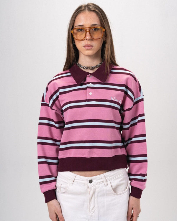 Pink Multicolor Striped Cropped Rugby Polo