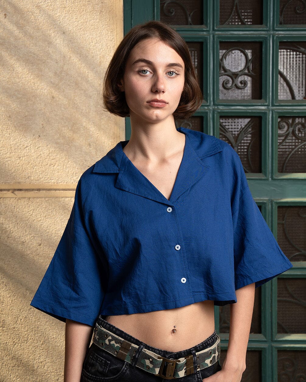 Royal Blue Cropped Camp Shirt Cropped Shirt IN YOUR SHOE S