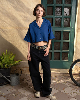 Royal Blue Cropped Camp Shirt Cropped Shirt IN YOUR SHOE M