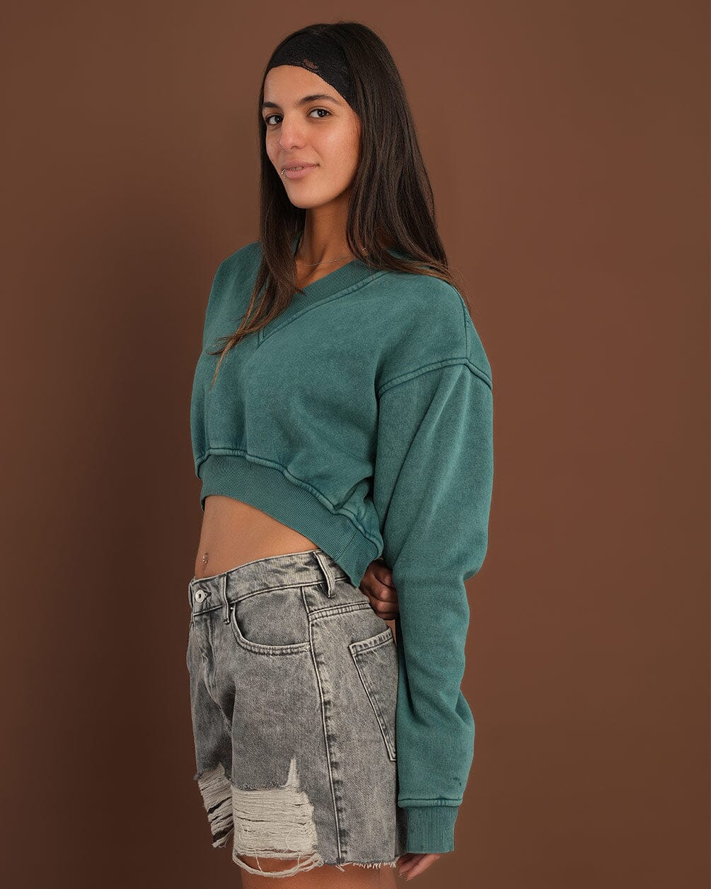 Teal Cropped V-Neck Sweatshirt Cropped Sweatshirts IN YOUR SHOE L
