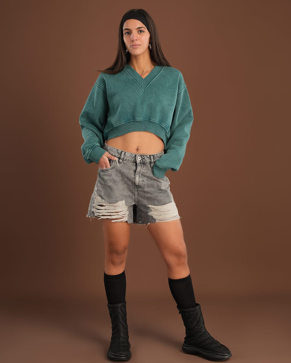 Teal Cropped V-Neck Sweatshirt Cropped Sweatshirts IN YOUR SHOE S