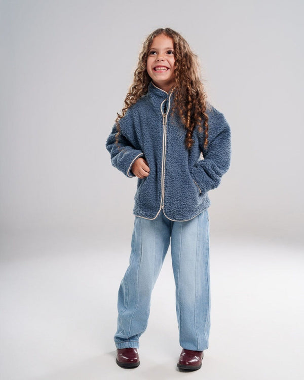 Teal With Bias Creamy White Kids Boxy Teddy Jacket