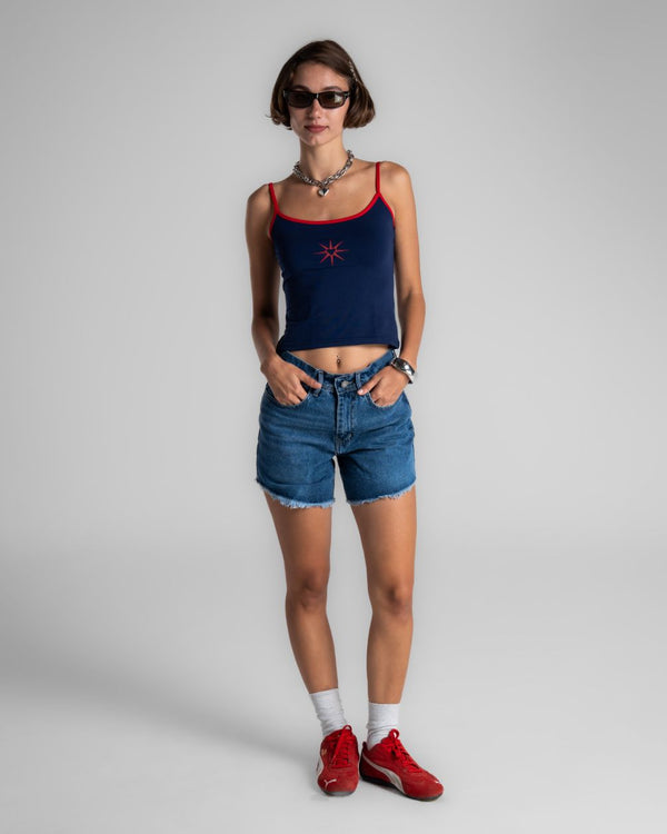 Unfinished Dark Blue Denim Shorts