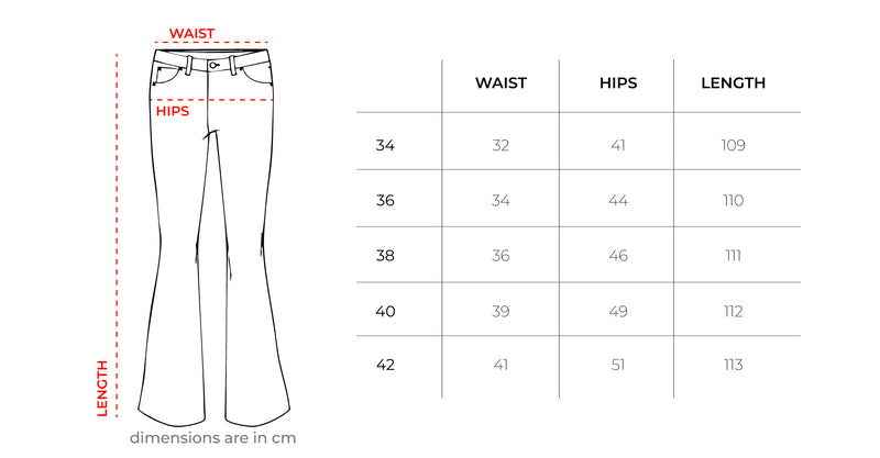 Female Black Raw Denim Flared Jeans size chart
