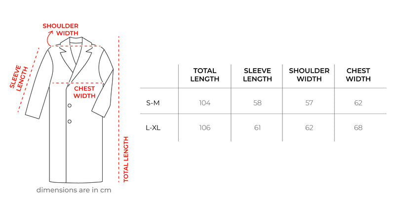Black Oversized Light Gabardine Coat size chart