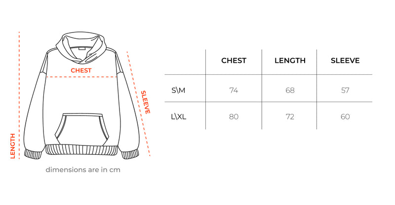 Green Washed Balloon Fit Hoodie size chart