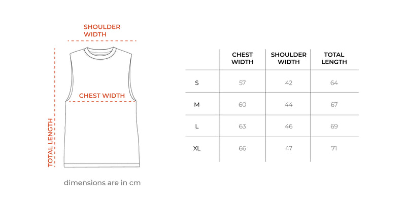 Stop Meditating Sleeveless Tee size chart
