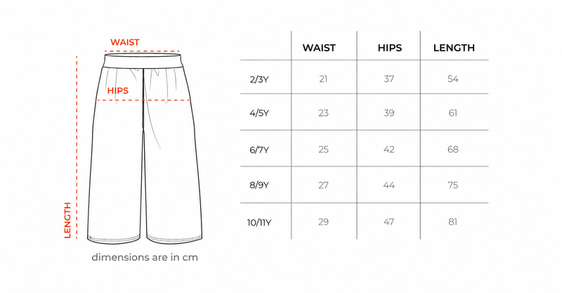Teal Loose Kids Swants size chart