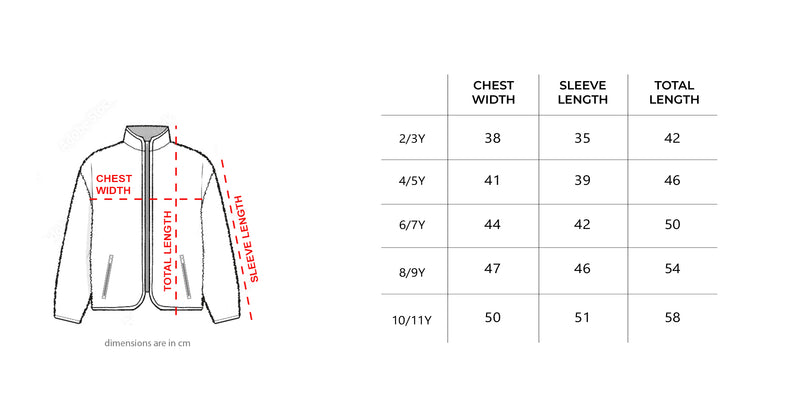 Creamy White With Bias Teal Kids Boxy Teddy Jacket size chart