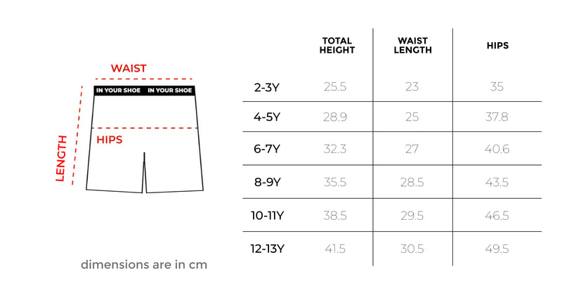 Sweet Tooth Kids Pshorts size chart