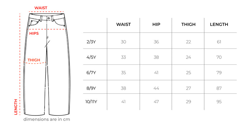 Light Blue Denim Kids Super Oversized Jeans size chart