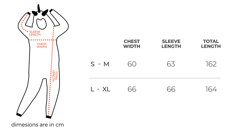 Panda Funsie Onesie size chart
