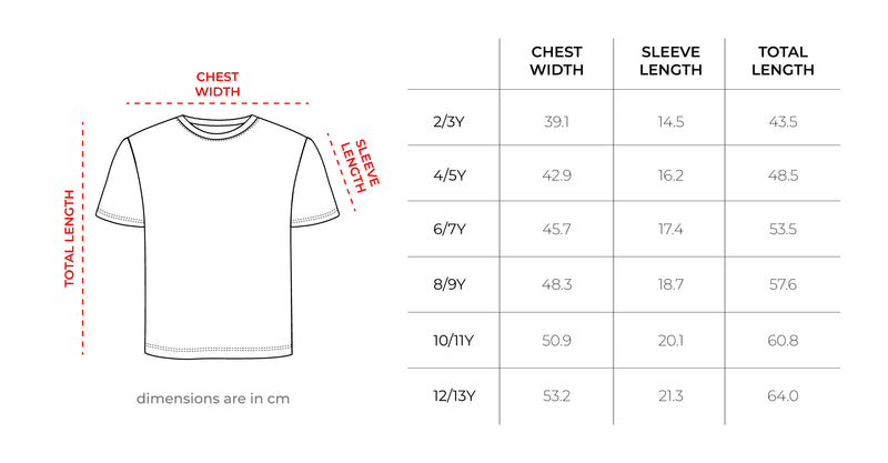 Blue & Red Striped Kids Tee size chart