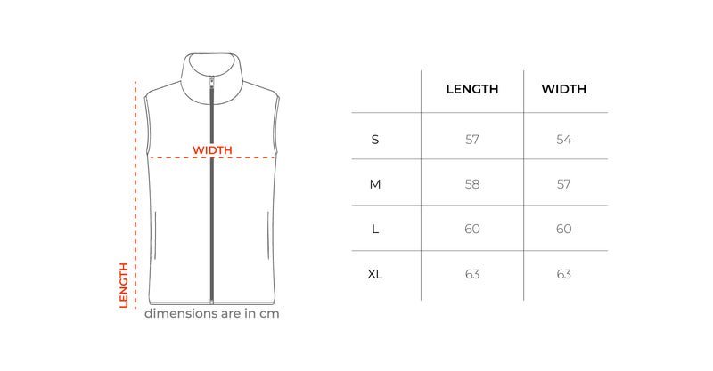 Blue & Purple Regular Fleece Vest size chart