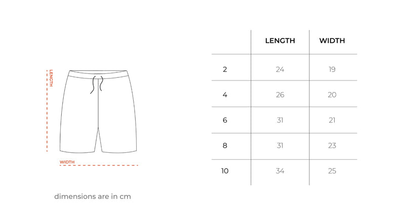 Dream Big Kids Sworts size chart