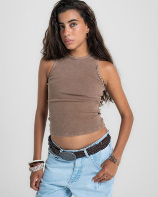 Beige Washed Halter Tank Top Tank Tops IN YOUR SHOE M 