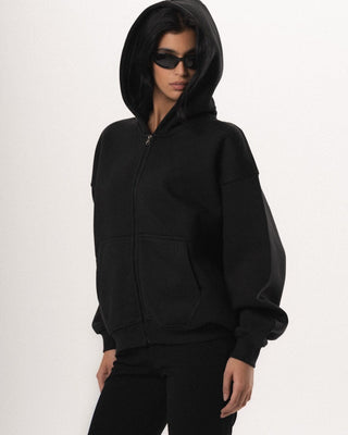 Black Basic Boxy Zip-Up Hoodie Zip Up Hoodies IN YOUR SHOE 