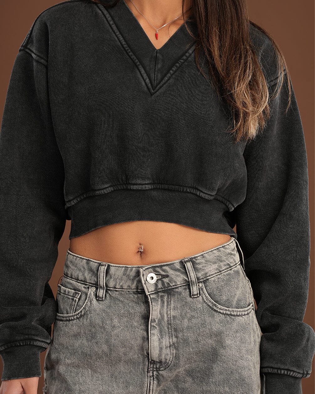 Black Cropped V-Neck Sweatshirt Cropped Sweatshirts IN YOUR SHOE S 