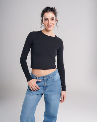 Black Fitted Long Sleeve Top Long Sleeve Tops IN YOUR SHOE S 