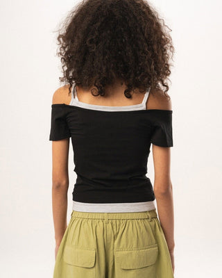 Black Off Shoulder Double Layered Top Tops IN YOUR SHOE XL 