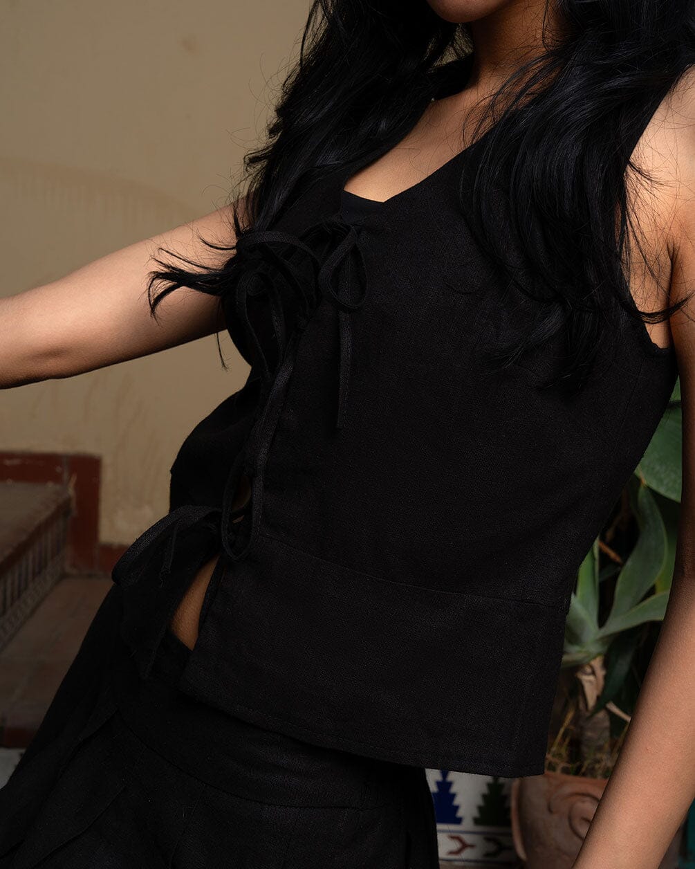 Black Tied Up Linen Vest Linen Vest IN YOUR SHOE M 