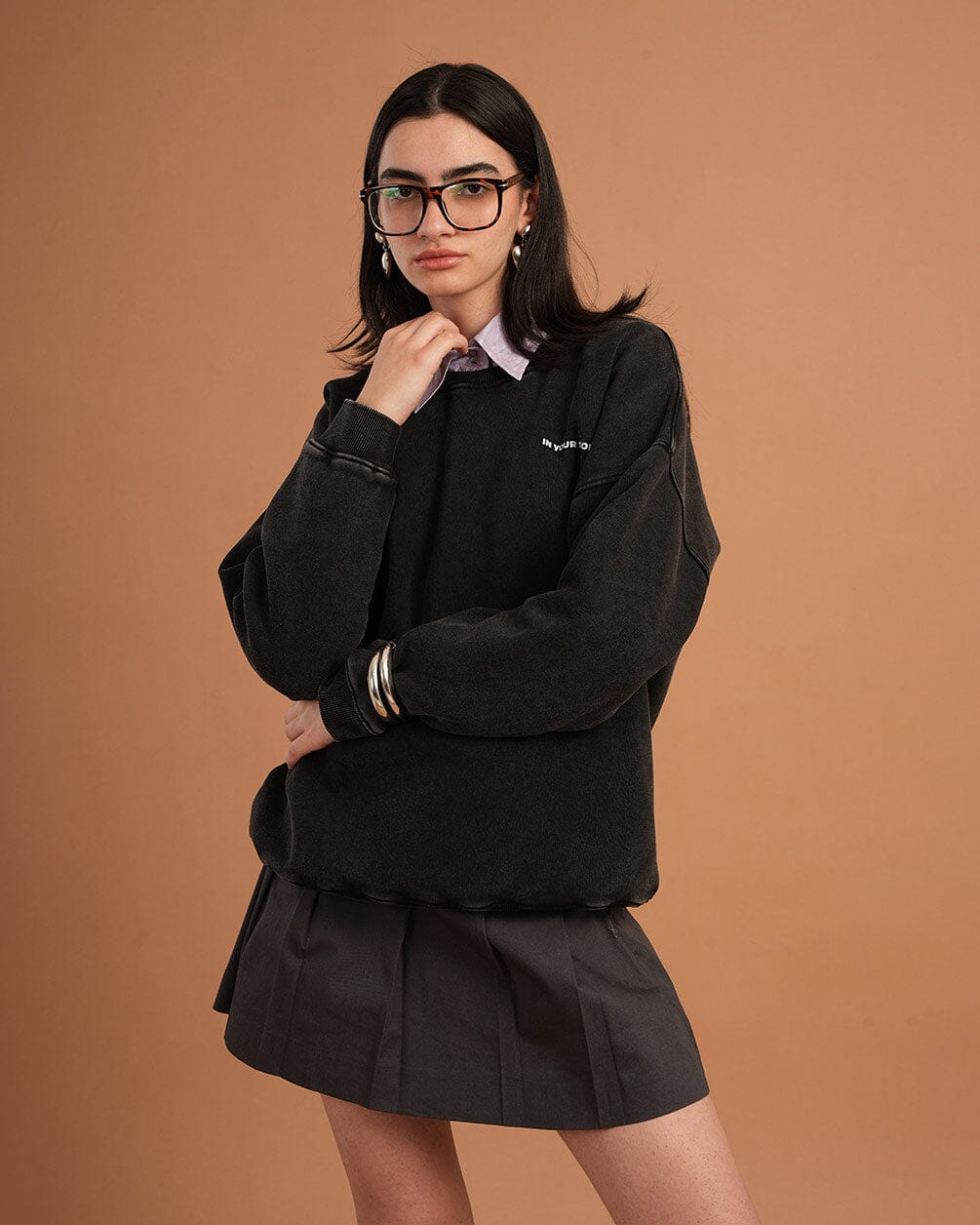 Black Washed Boxy Crewneck Acid Washed Crewnecks IN YOUR SHOE S 