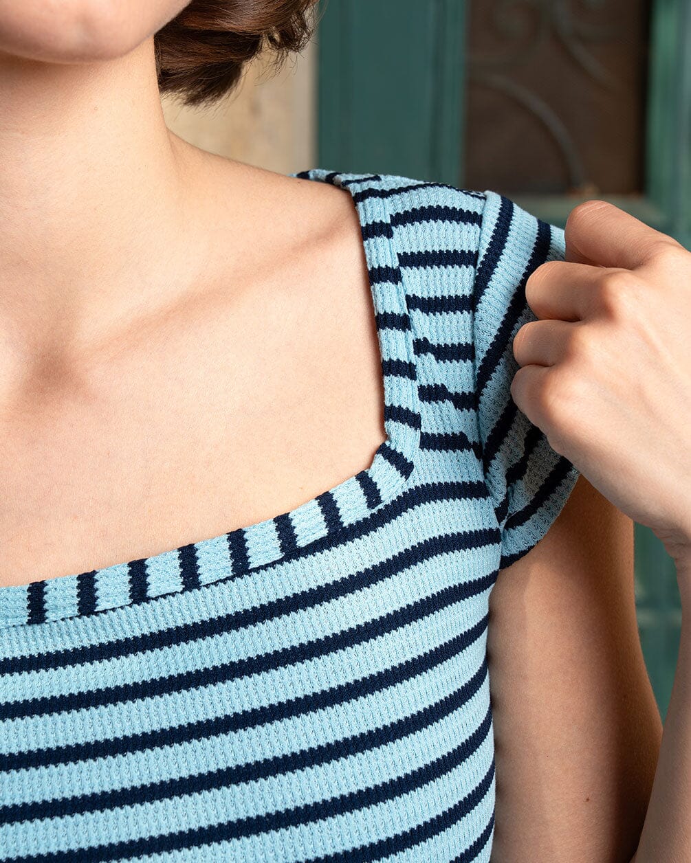 Blue Stripped Square Neck Top Tops IN YOUR SHOE 