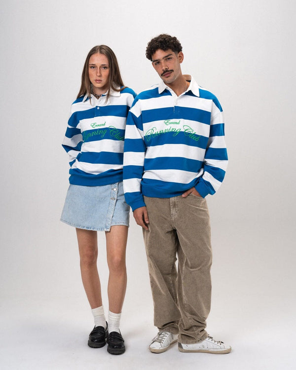 Blue & White Striped Statement Oversized Rugby Polo
