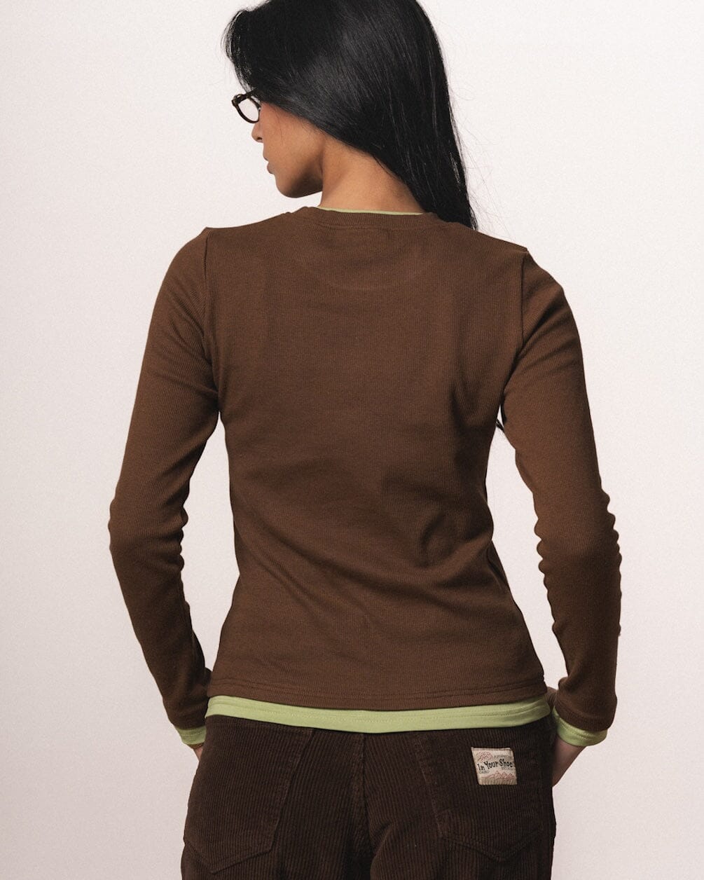 Brown Double Layered Long Sleeve Top Long Sleeve Tops IN YOUR SHOE L 