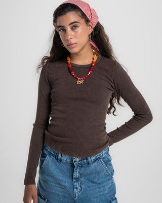 Brown Washed Long Sleeve Top Long Sleeve Tops IN YOUR SHOE 