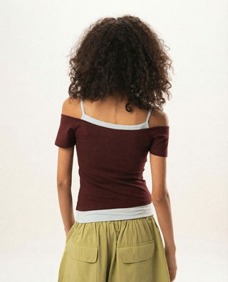 Burgundy Off Shoulder Double Layered Top Tops IN YOUR SHOE L 
