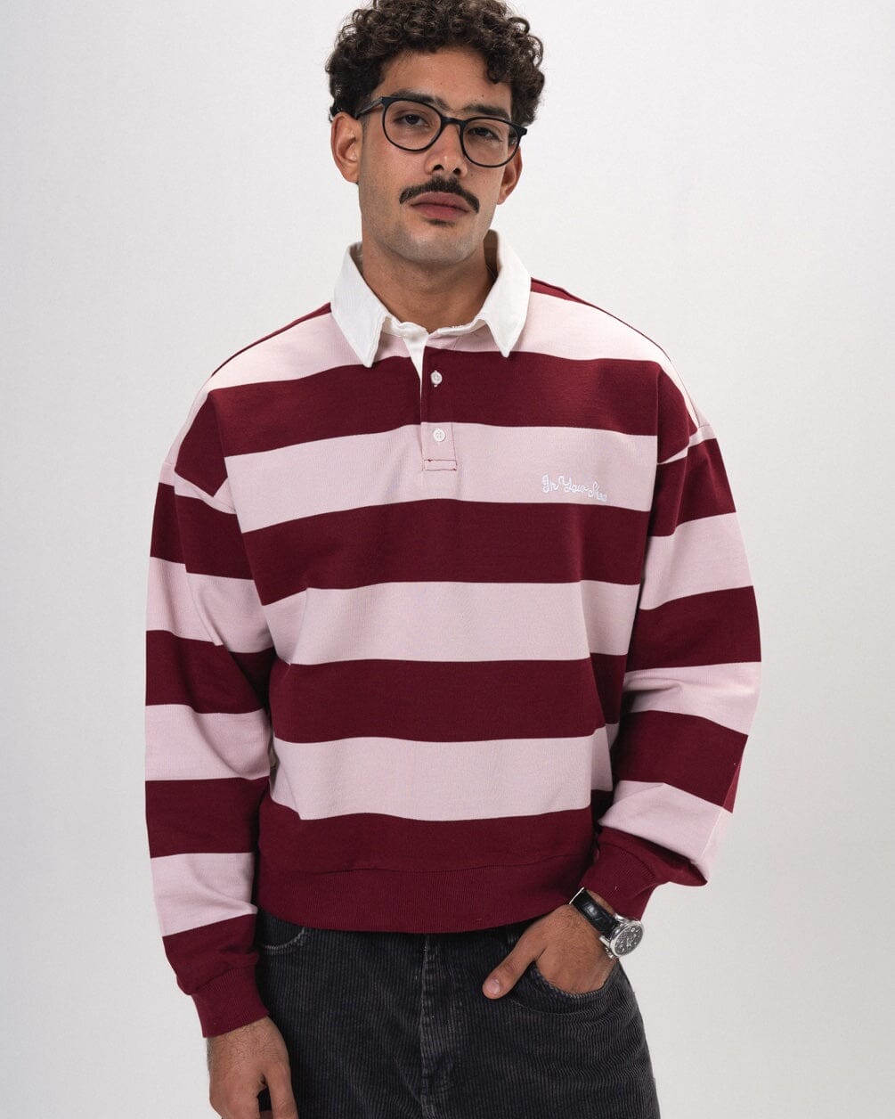 Burgundy & Powder Pink Striped Boxy Rugby Polo Polo T-Shirts IN YOUR SHOE L 