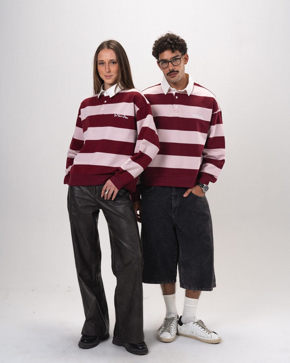 Burgundy & Powder Pink Striped Boxy Rugby Polo Polo T-Shirts IN YOUR SHOE S 