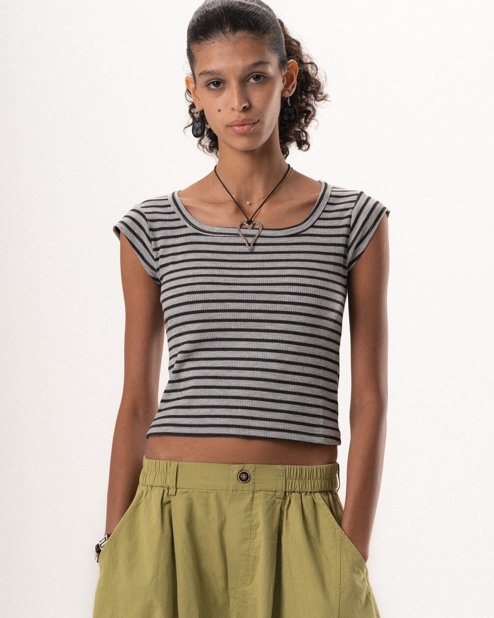 Dark Grey Stripped Square Neck Top Tops IN YOUR SHOE M 