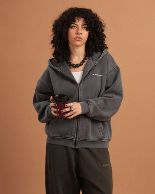 Dark Grey Washed Boxy Zip-Up Hoodie Zip Up Hoodies IN YOUR SHOE S 