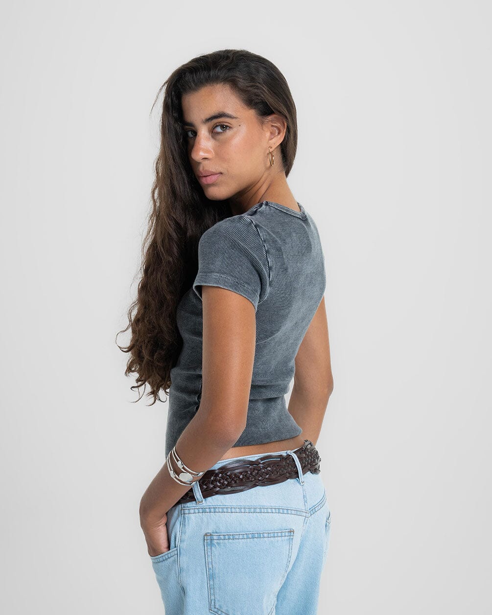 Dark Grey Washed Short Sleeve Top Tops IN YOUR SHOE 