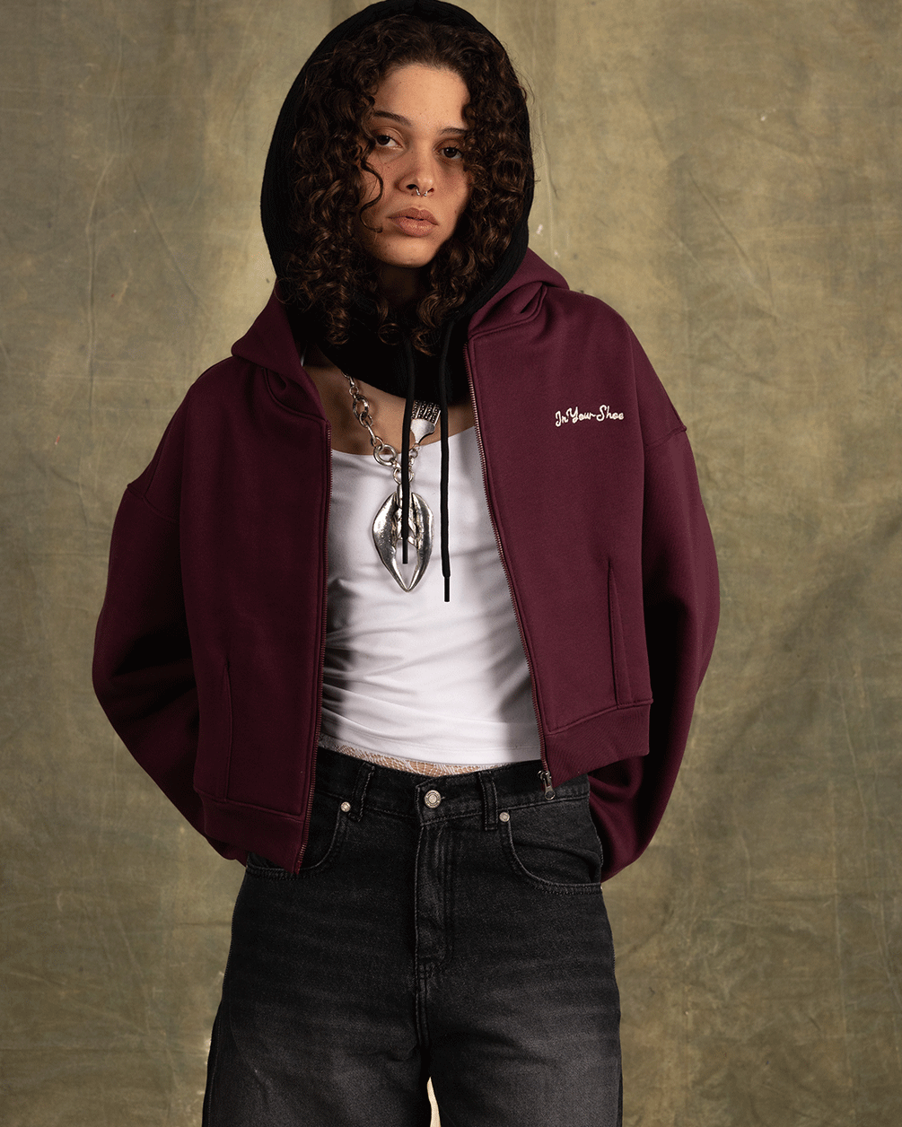 Deep Cherry Cropped Oversized Zip-Up Hoodie Zip Up Hoodies IN YOUR SHOE S 