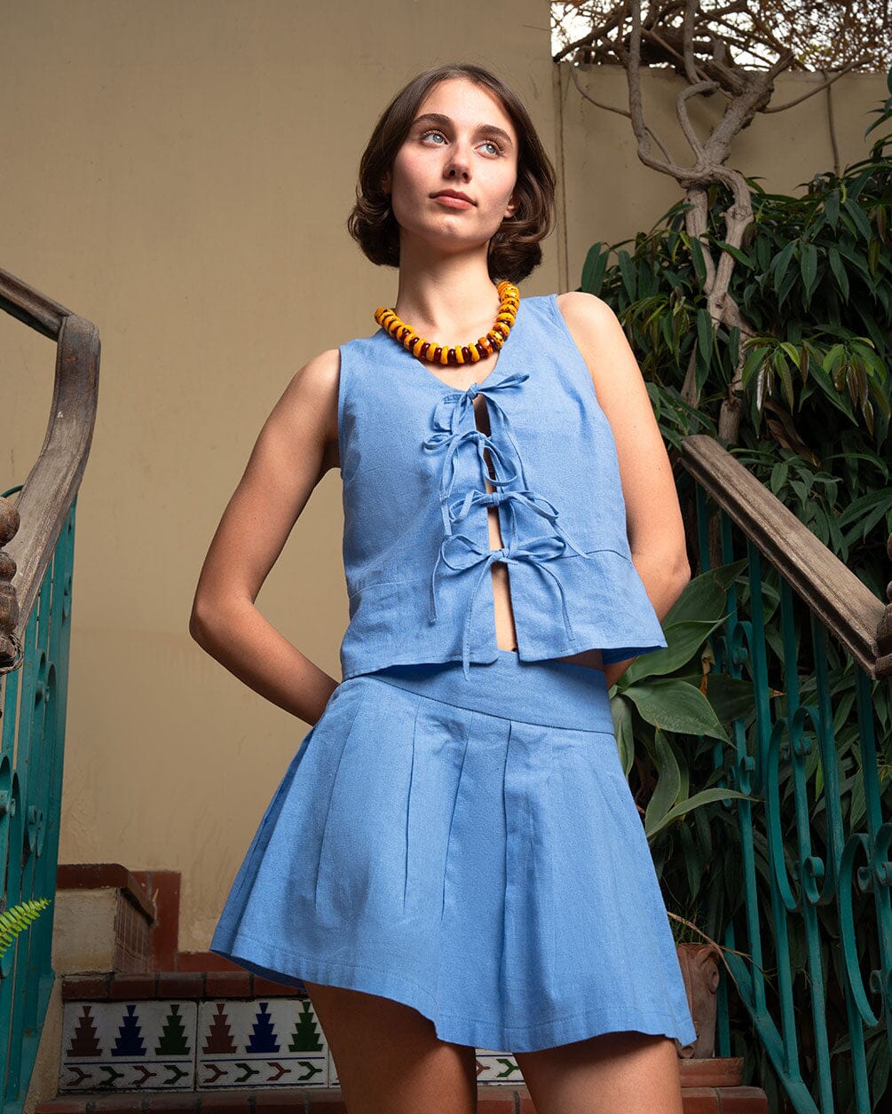 Denim Blue Tied Up Linen Vest Linen Vest IN YOUR SHOE S 