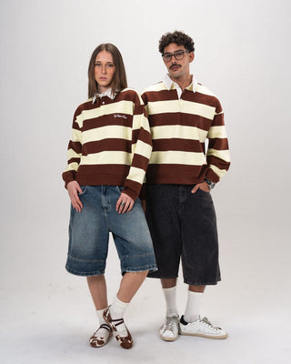 Double Cream & Brown Striped Boxy Rugby Polo Polo T-Shirts IN YOUR SHOE S 