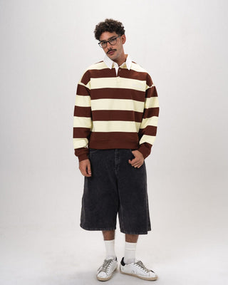 Double Cream & Brown Striped Boxy Rugby Polo Polo T-Shirts IN YOUR SHOE M 