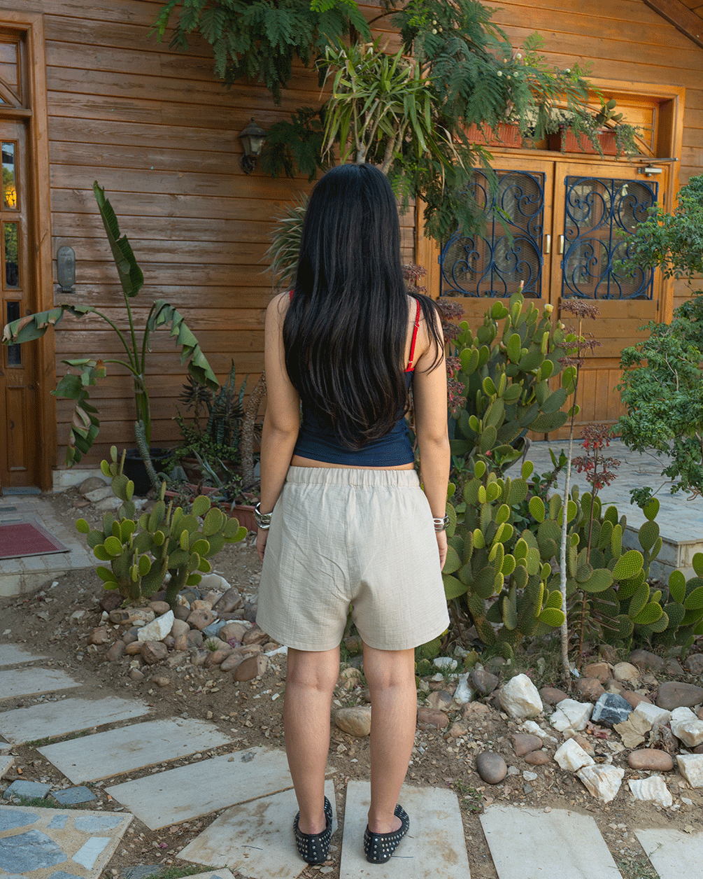 Female Beige Crinkled Shorts Linen Shorts IN YOUR SHOE 